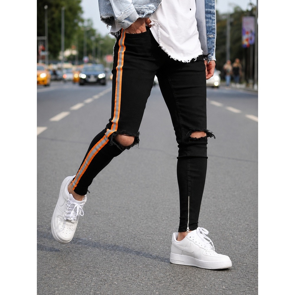 Nova Men Moto Skinny Jeans Men 32 Black Orange Reflective Stripe Ripped Techwear